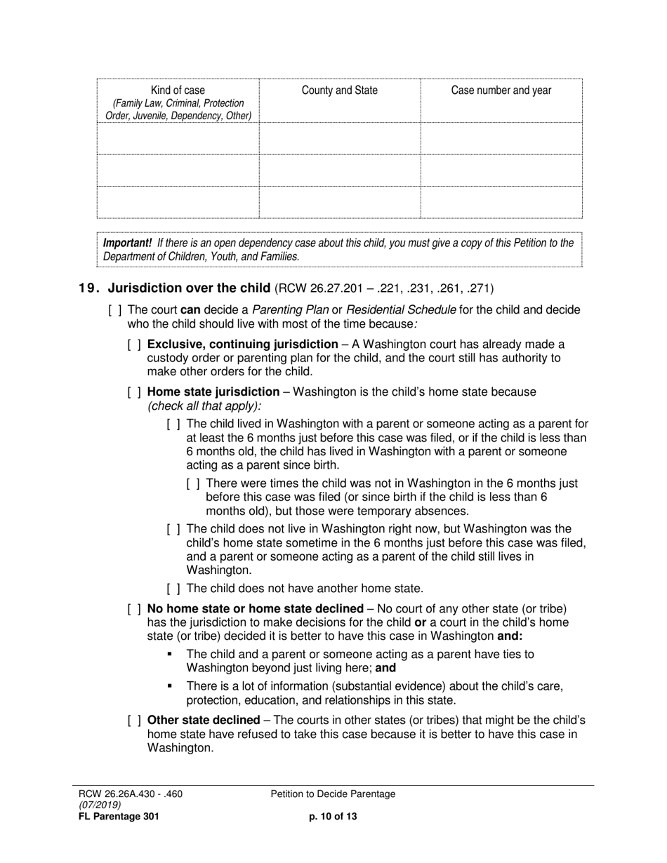 Form FL Parentage301 Petition to Decide Parentage - Washington, Page 10