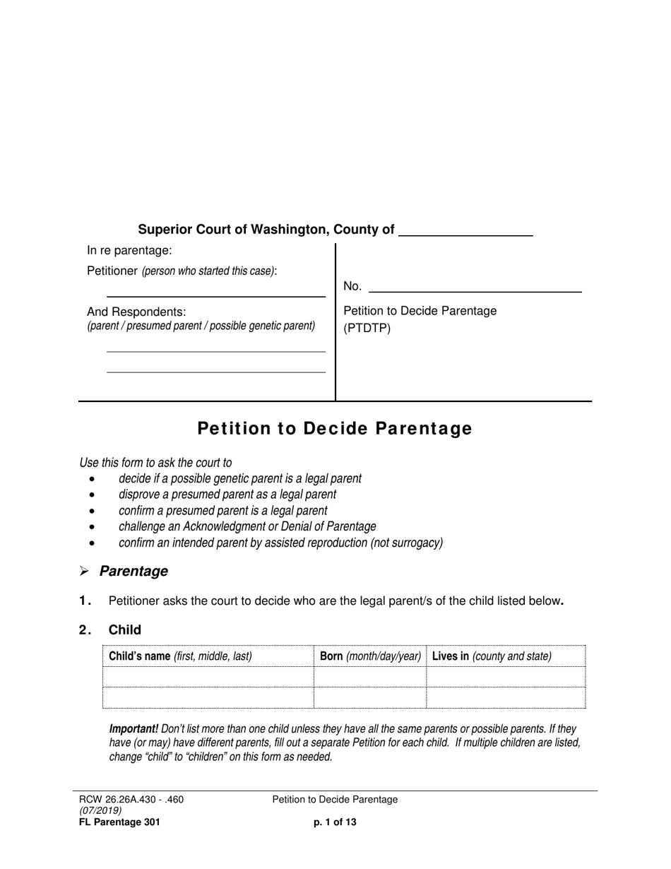 Form FL Parentage301 Petition to Decide Parentage - Washington, Page 1