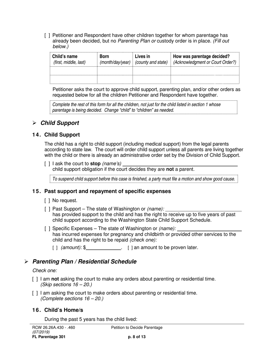 Form FL Parentage301 Petition to Decide Parentage - Washington, Page 8