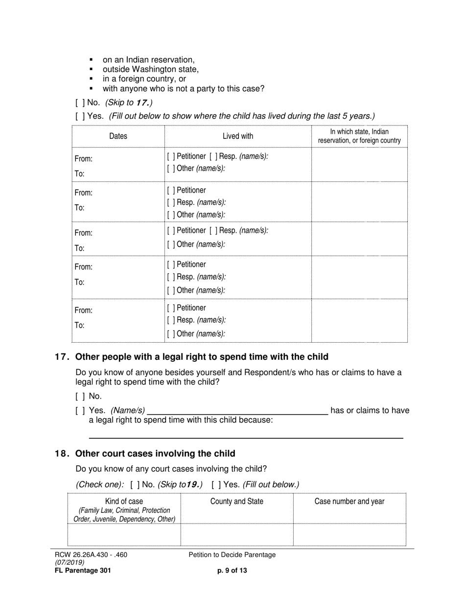 Form FL Parentage301 Petition to Decide Parentage - Washington, Page 9