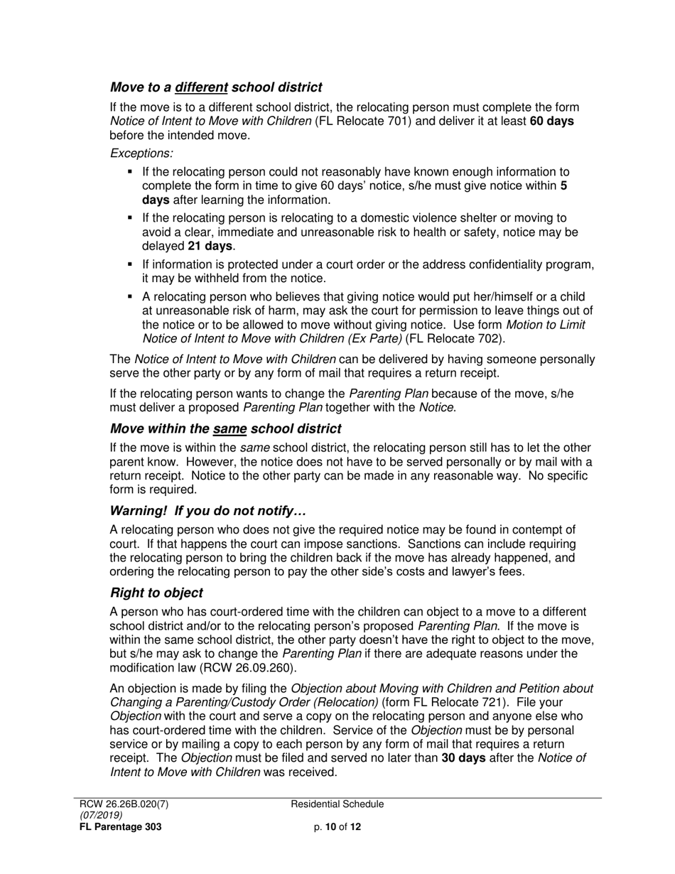 Form FL Parentage303 Residential Schedule - Washington, Page 10