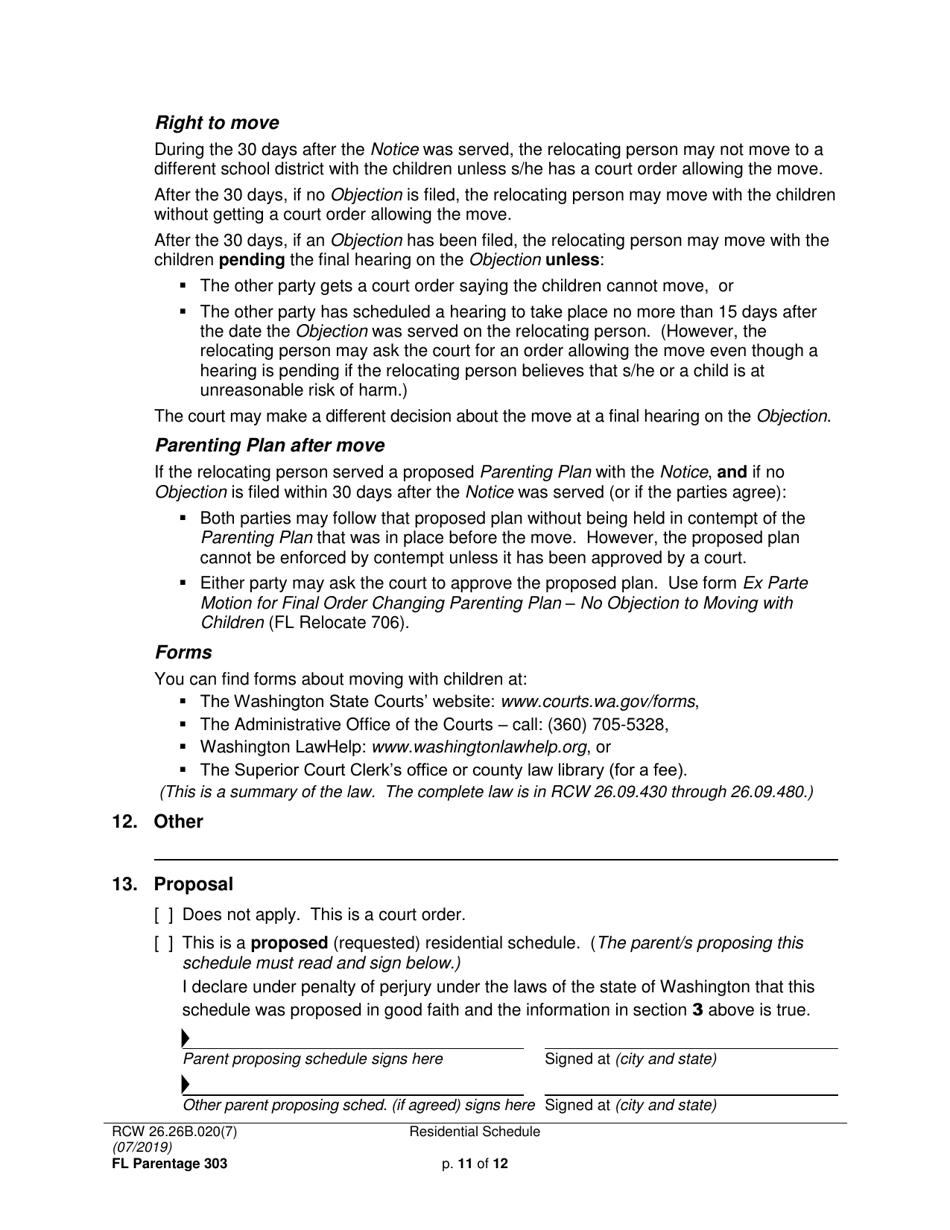 Form FL Parentage303 Residential Schedule - Washington, Page 11
