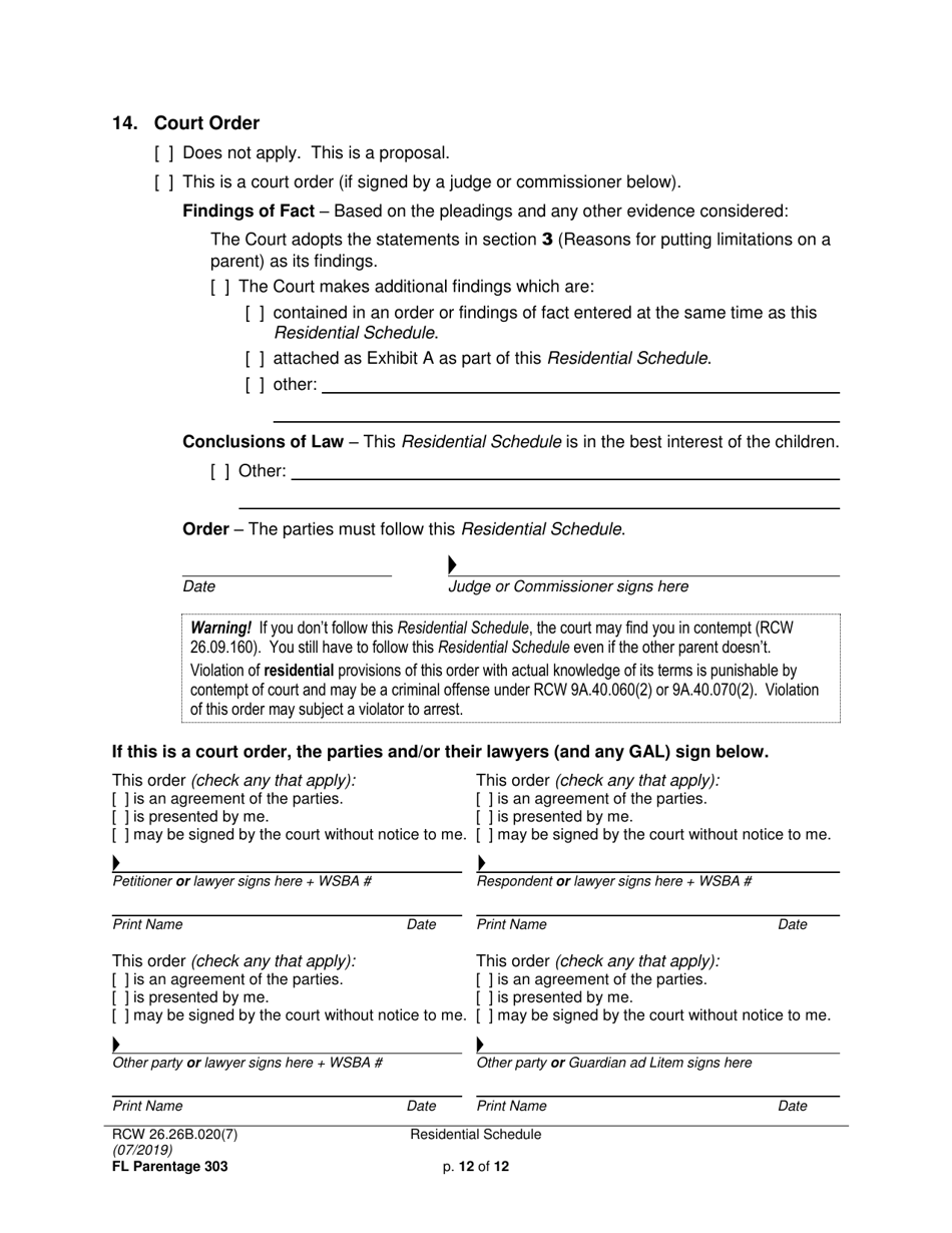 Form FL Parentage303 Residential Schedule - Washington, Page 12