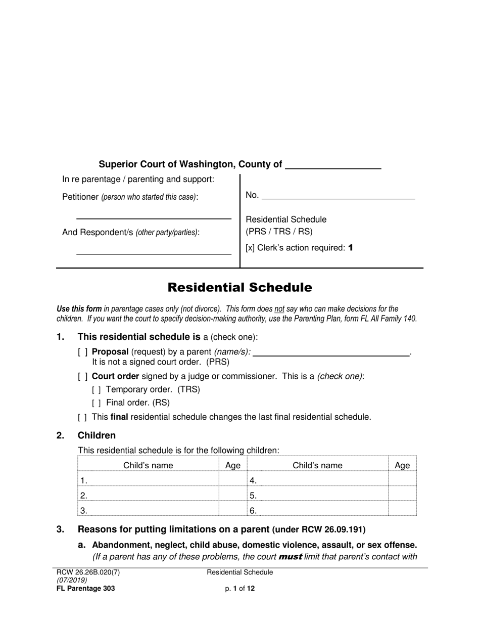 Form FL Parentage303 Residential Schedule - Washington, Page 1