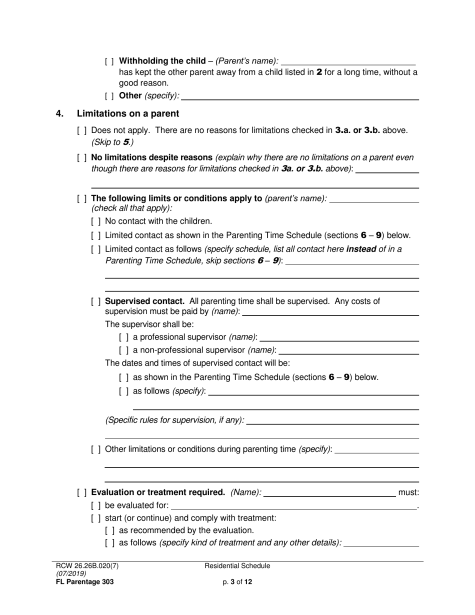 Form FL Parentage303 Residential Schedule - Washington, Page 3