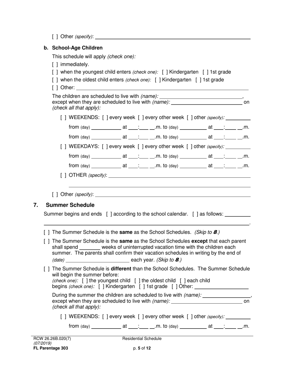 Form FL Parentage303 Residential Schedule - Washington, Page 5