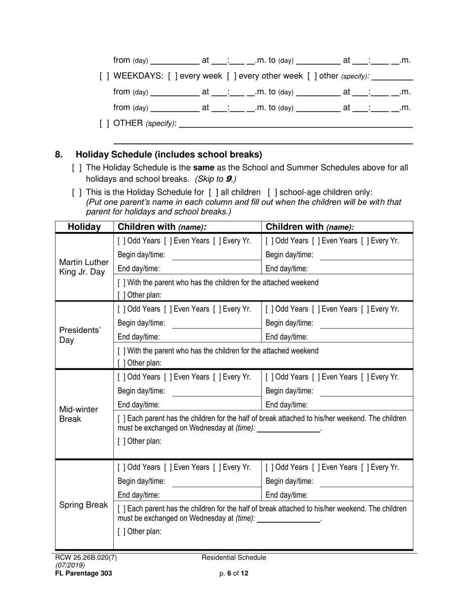 Form FL Parentage303 Residential Schedule - Washington, Page 6