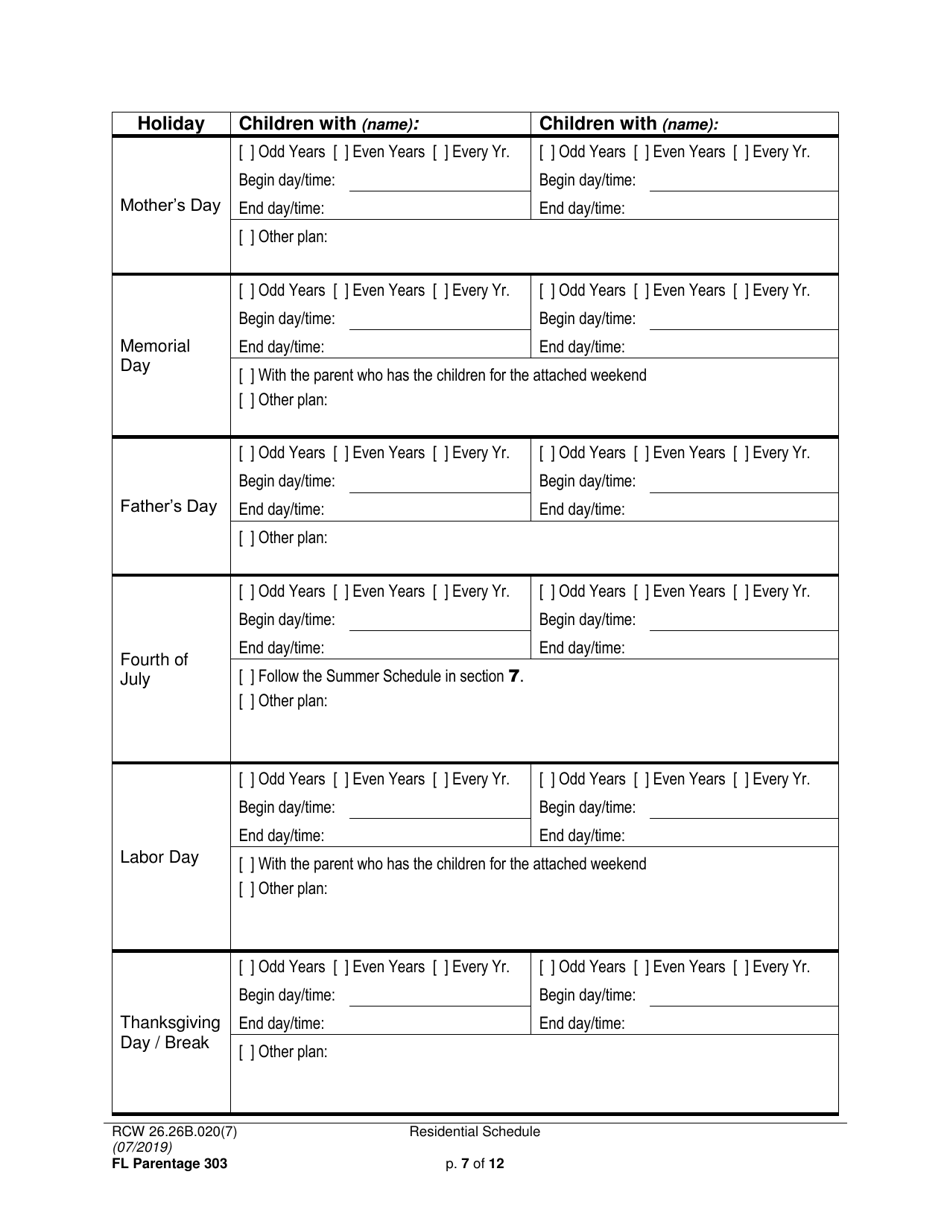 Form FL Parentage303 Residential Schedule - Washington, Page 7