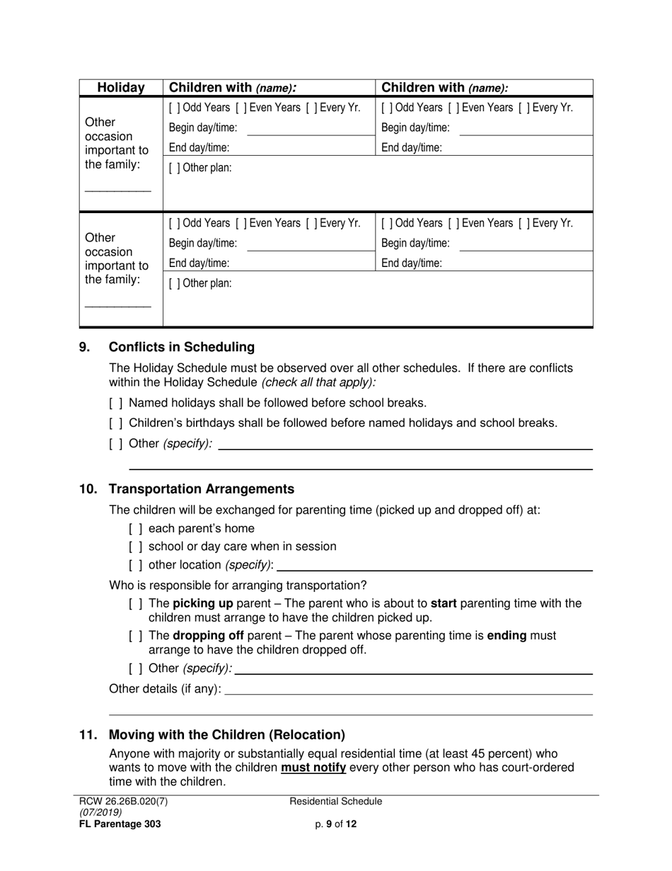 Form FL Parentage303 Residential Schedule - Washington, Page 9