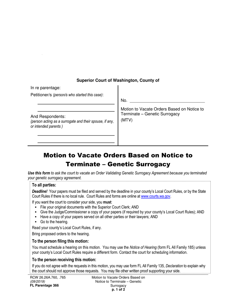 Form FL Parentage366 Motion to Vacate Orders Based on Notice to Terminate - Genetic Surrogacy - Washington, Page 1
