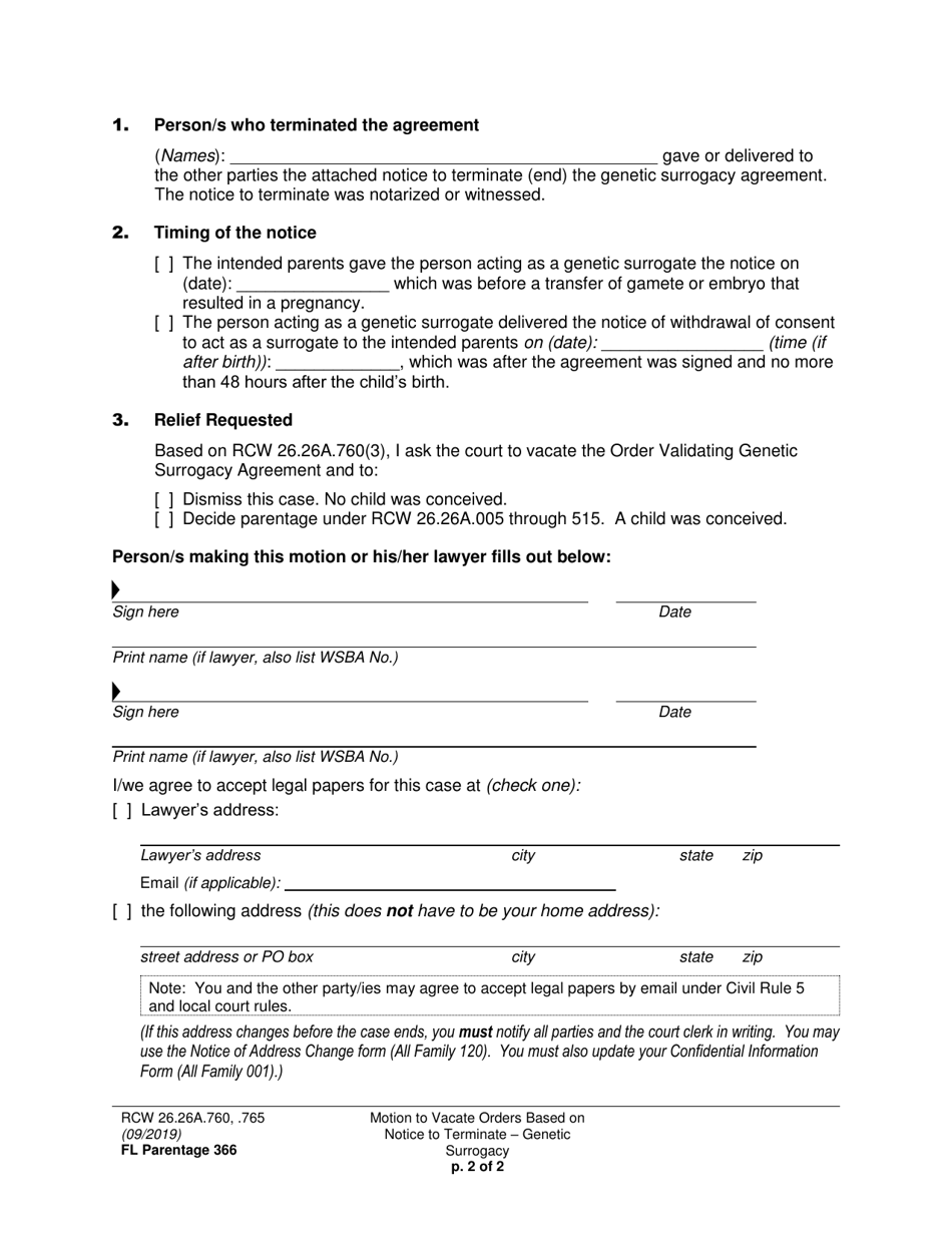 Form FL Parentage366 Motion to Vacate Orders Based on Notice to Terminate - Genetic Surrogacy - Washington, Page 2