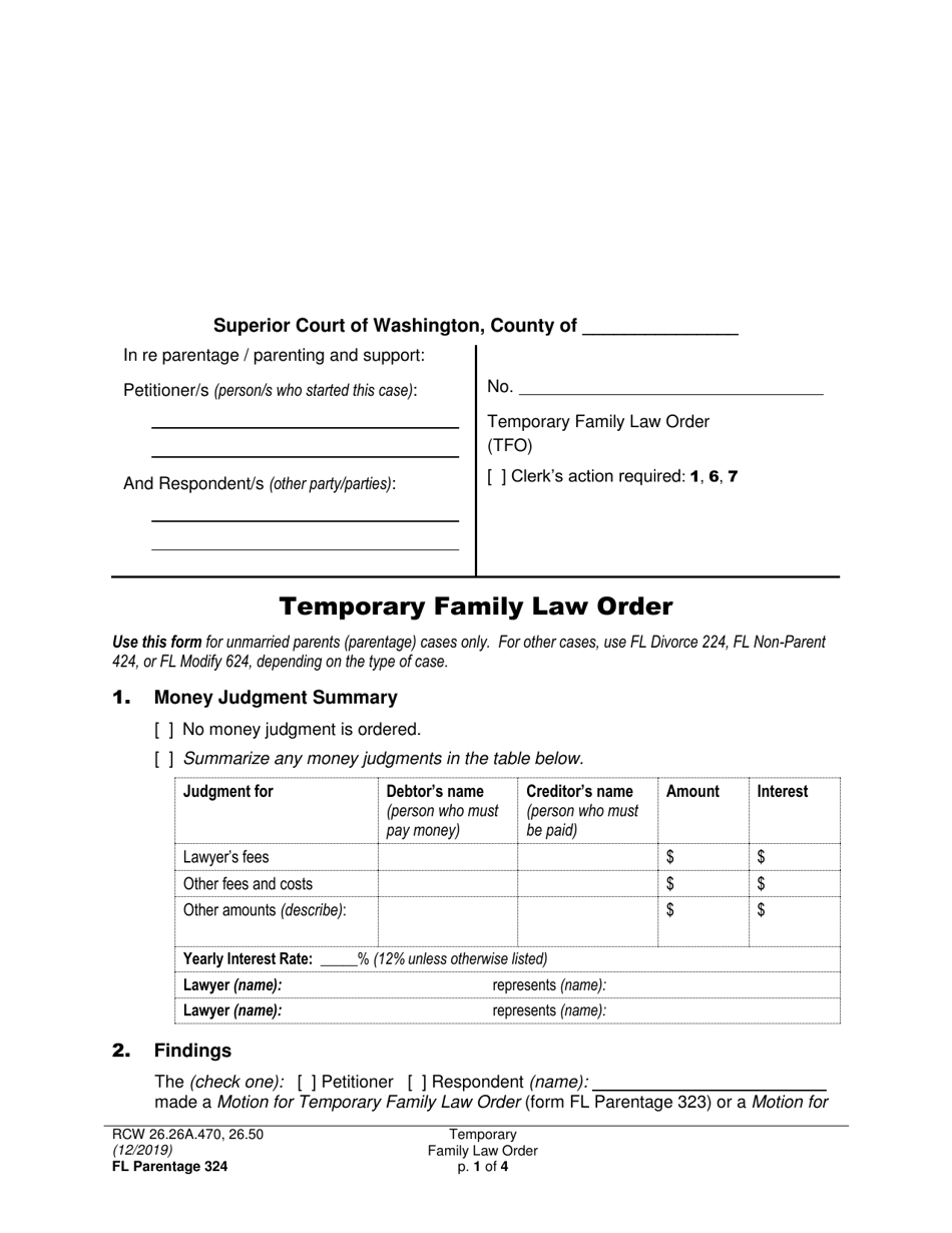 Form FL Parentage324 Temporary Family Law Order - Washington, Page 1