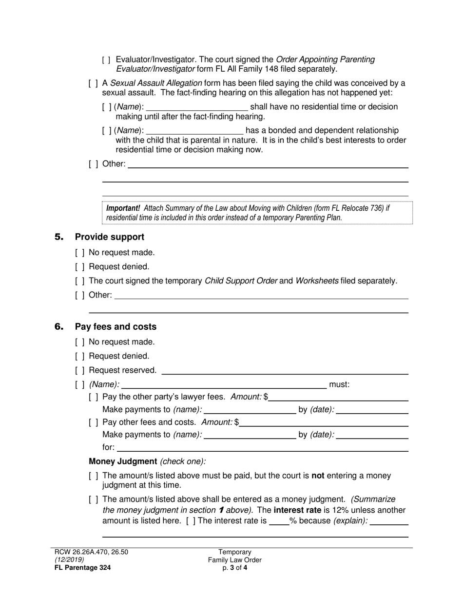 Form FL Parentage324 Temporary Family Law Order - Washington, Page 3