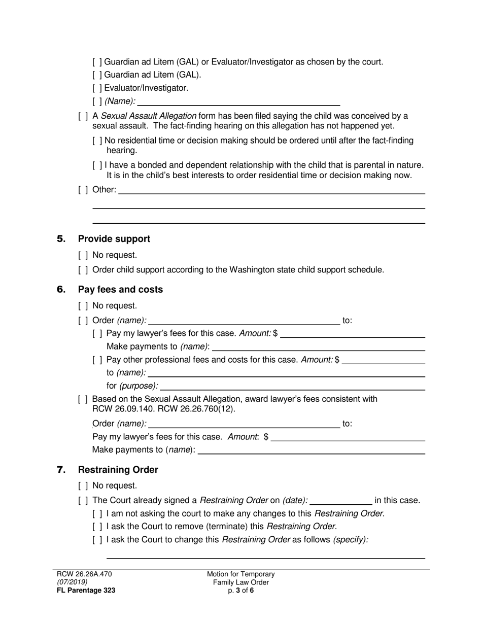 Form FL Parentage323 Motion for Temporary Family Law Order and Restraining Order - Washington, Page 3