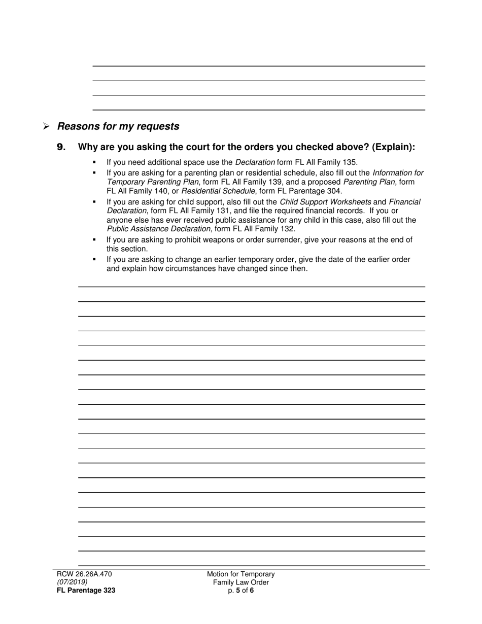 Form FL Parentage323 Motion for Temporary Family Law Order and Restraining Order - Washington, Page 5