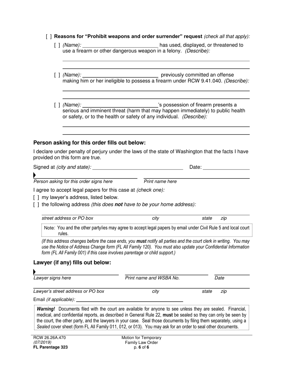 Form FL Parentage323 Motion for Temporary Family Law Order and Restraining Order - Washington, Page 6