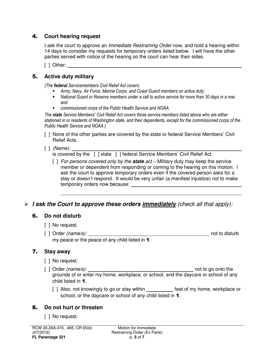 Form FL Parentage321 Motion for Immediate Restraining Order (Ex Parte) - Washington, Page 3