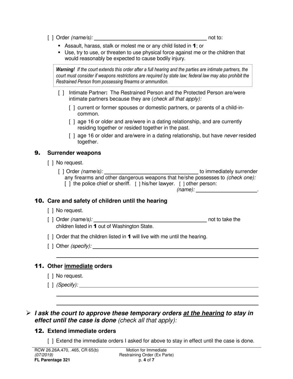 Form FL Parentage321 Motion for Immediate Restraining Order (Ex Parte) - Washington, Page 4