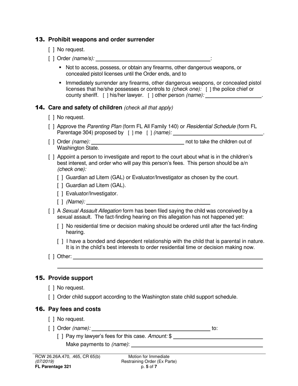 Form FL Parentage321 Motion for Immediate Restraining Order (Ex Parte) - Washington, Page 5