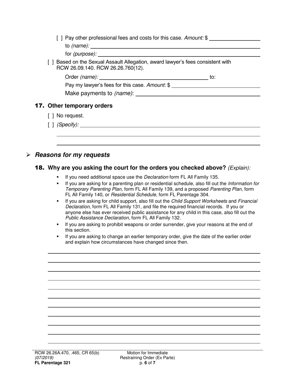 Form FL Parentage321 Motion for Immediate Restraining Order (Ex Parte) - Washington, Page 6