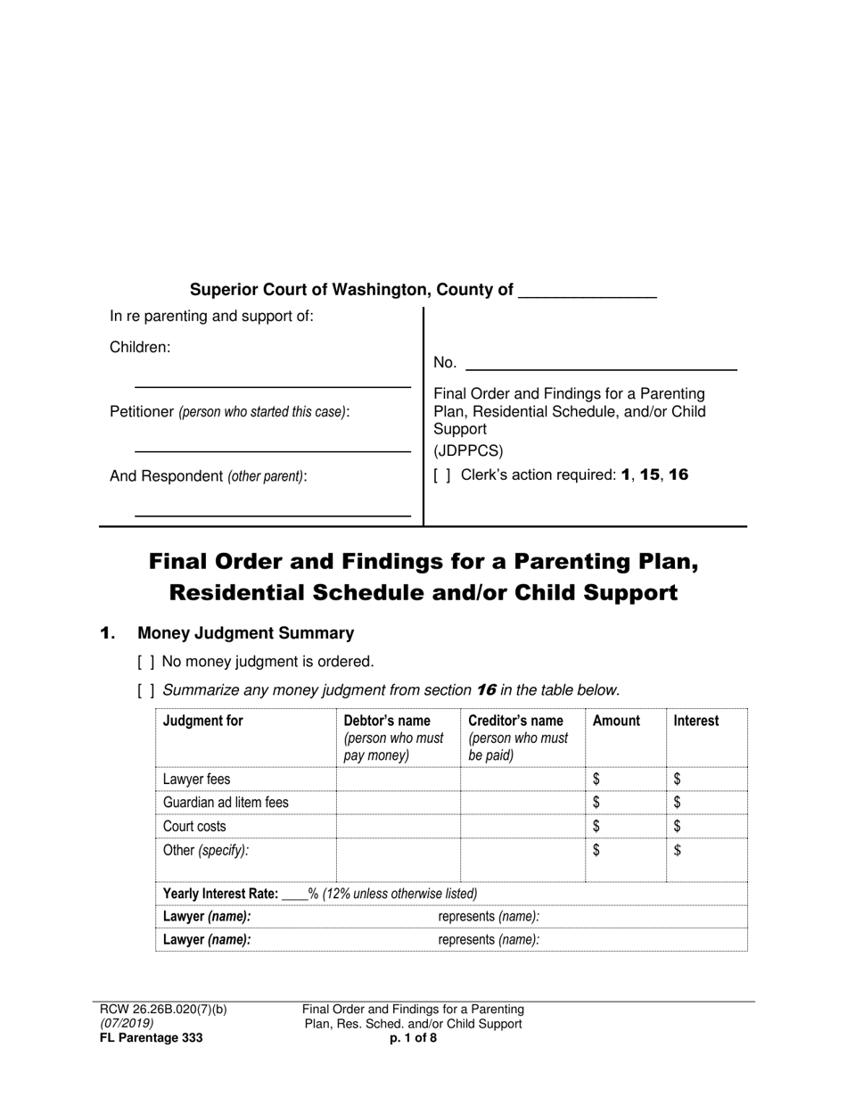 Form FL Parentage333 Final Order and Findings for a Parenting Plan, Residential Schedule and / or Child Support - Washington, Page 1
