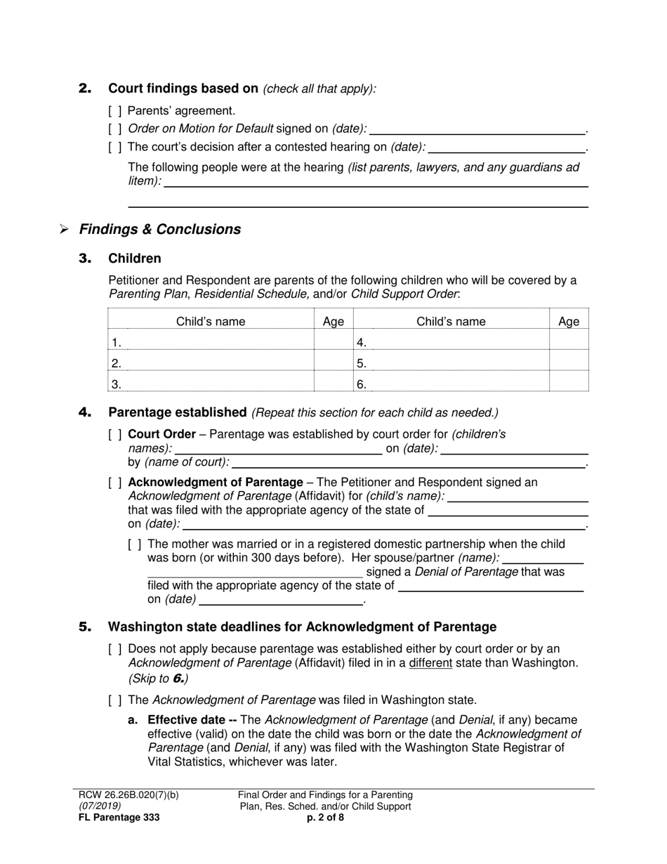 Form FL Parentage333 Final Order and Findings for a Parenting Plan, Residential Schedule and / or Child Support - Washington, Page 2