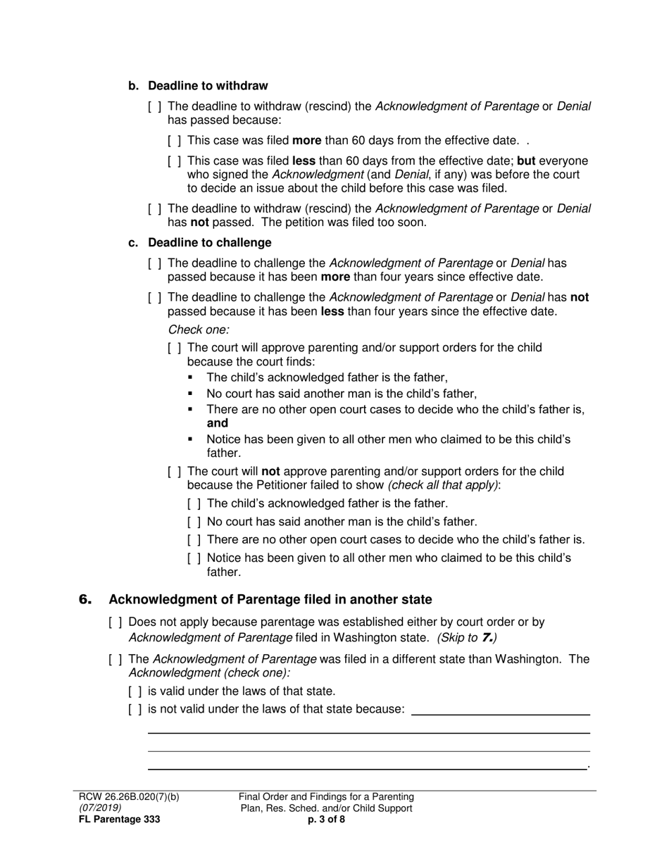 Form FL Parentage333 Final Order and Findings for a Parenting Plan, Residential Schedule and / or Child Support - Washington, Page 3