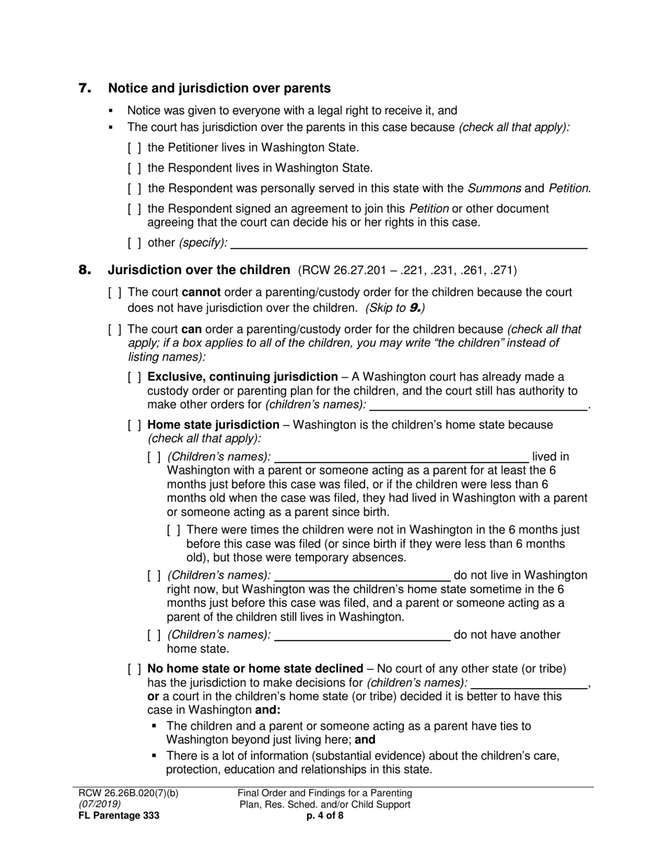 Form FL Parentage333 Final Order and Findings for a Parenting Plan, Residential Schedule and / or Child Support - Washington, Page 4