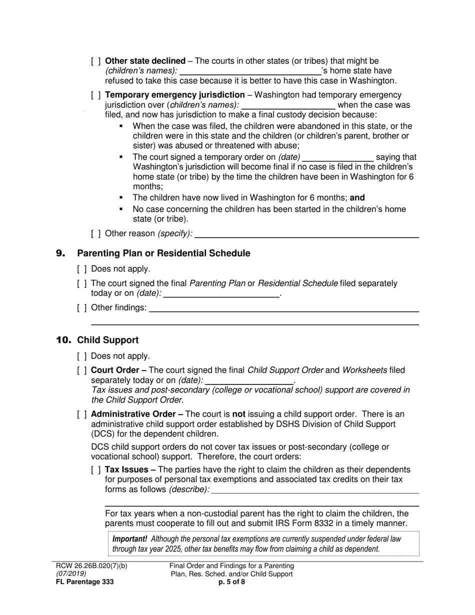 Form FL Parentage333 Final Order and Findings for a Parenting Plan, Residential Schedule and / or Child Support - Washington, Page 5