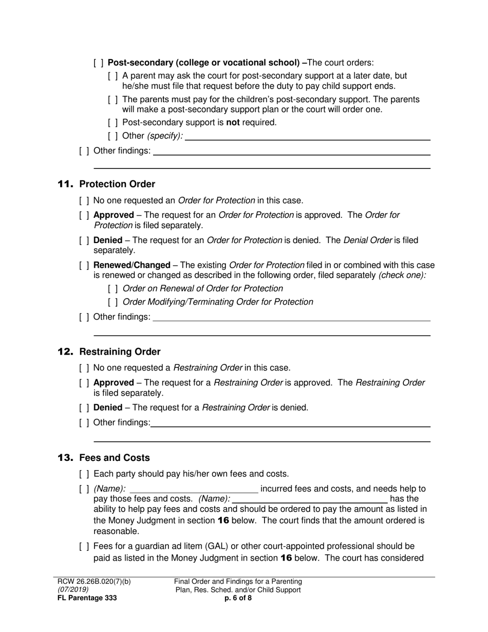 Form FL Parentage333 Final Order and Findings for a Parenting Plan, Residential Schedule and / or Child Support - Washington, Page 6