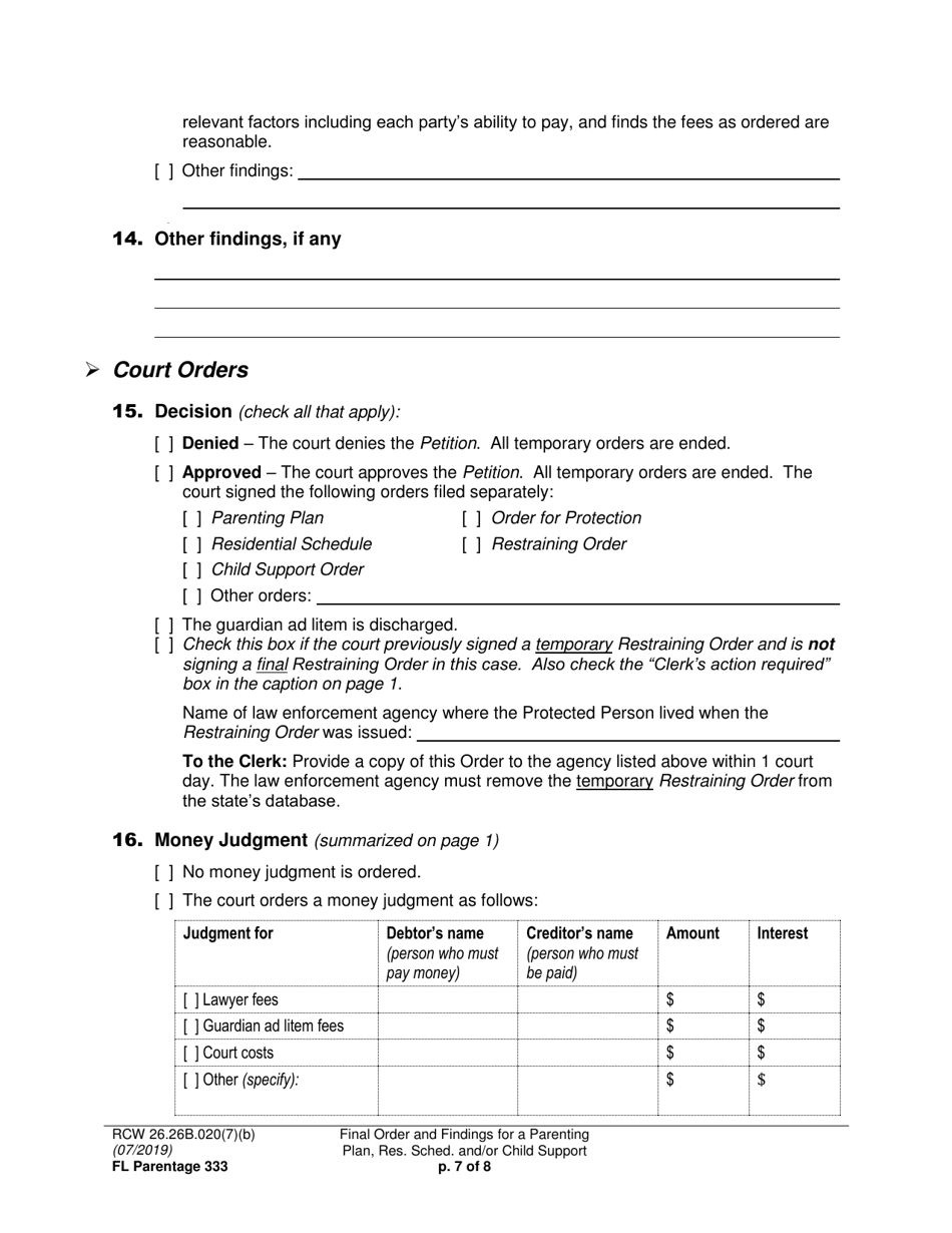 Form FL Parentage333 Final Order and Findings for a Parenting Plan, Residential Schedule and / or Child Support - Washington, Page 7