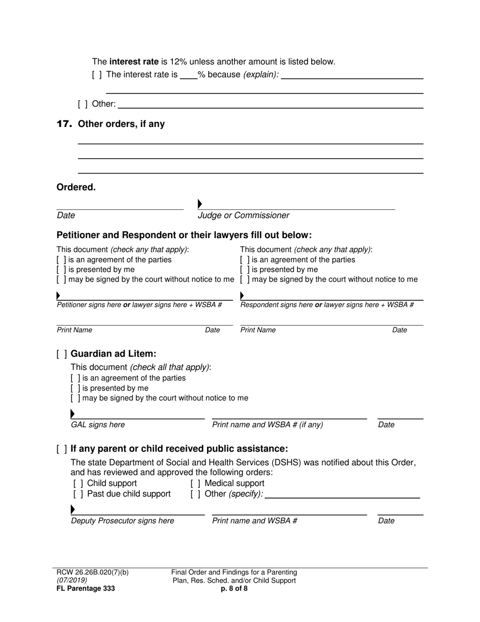Form FL Parentage333 Final Order and Findings for a Parenting Plan, Residential Schedule and / or Child Support - Washington, Page 8