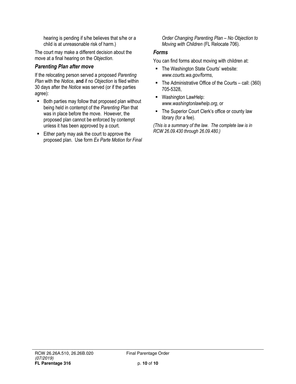 Form FL Parentage316 Final Parentage Order - Washington, Page 10