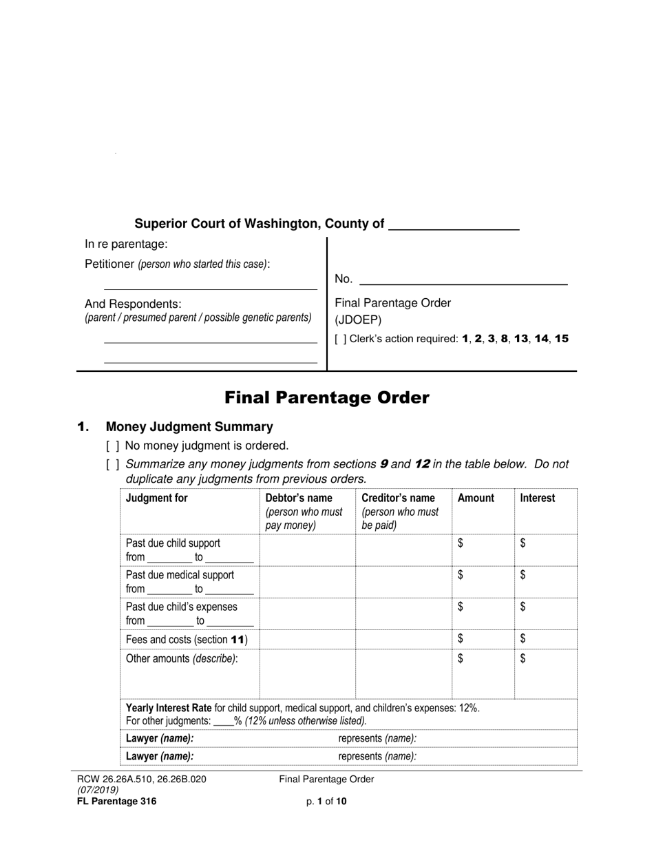 Form FL Parentage316 Final Parentage Order - Washington, Page 1