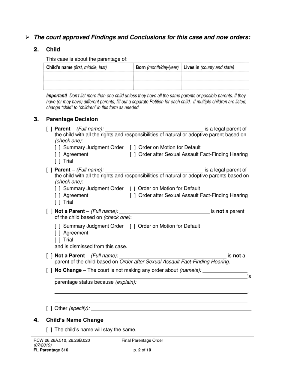 Form FL Parentage316 Final Parentage Order - Washington, Page 2