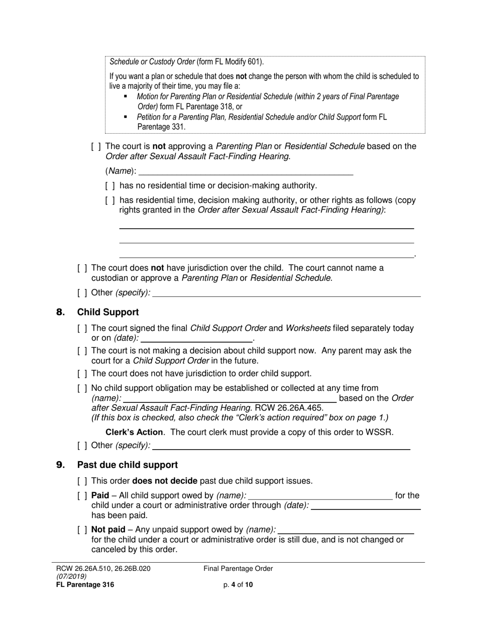 Form FL Parentage316 Final Parentage Order - Washington, Page 4