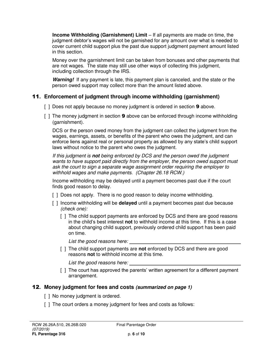 Form FL Parentage316 Final Parentage Order - Washington, Page 6