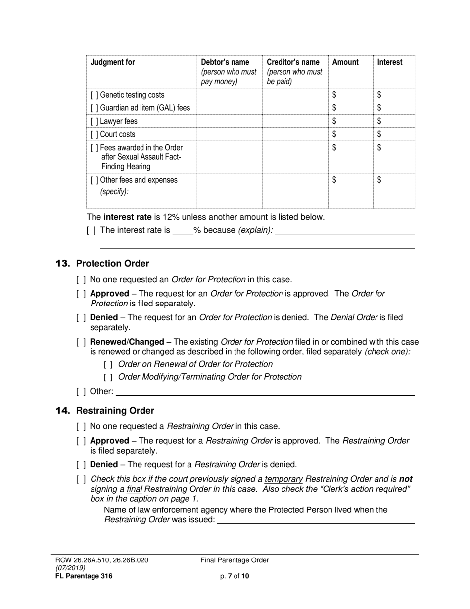 Form FL Parentage316 Final Parentage Order - Washington, Page 7