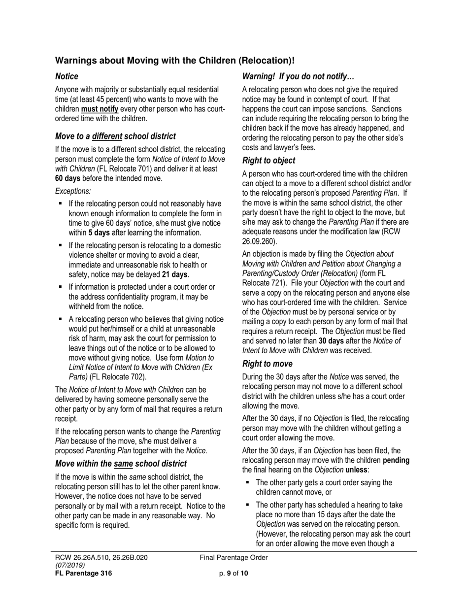 Form FL Parentage316 Final Parentage Order - Washington, Page 9