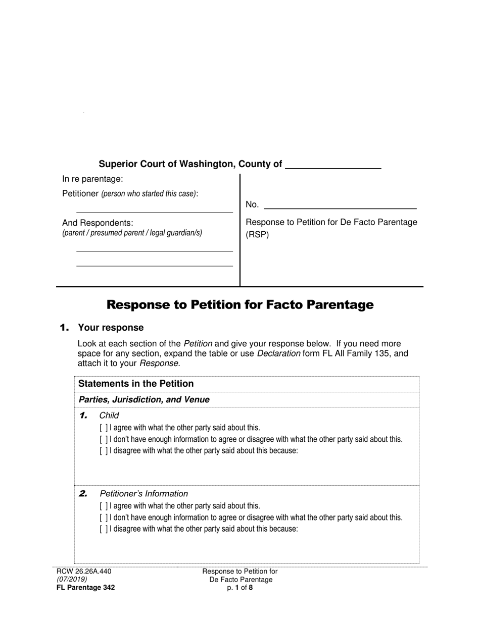 Form FL Parentage342 Response to Petition for Facto Parentage - Washington, Page 1