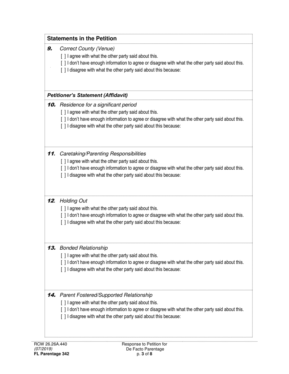 Form FL Parentage342 Response to Petition for Facto Parentage - Washington, Page 3