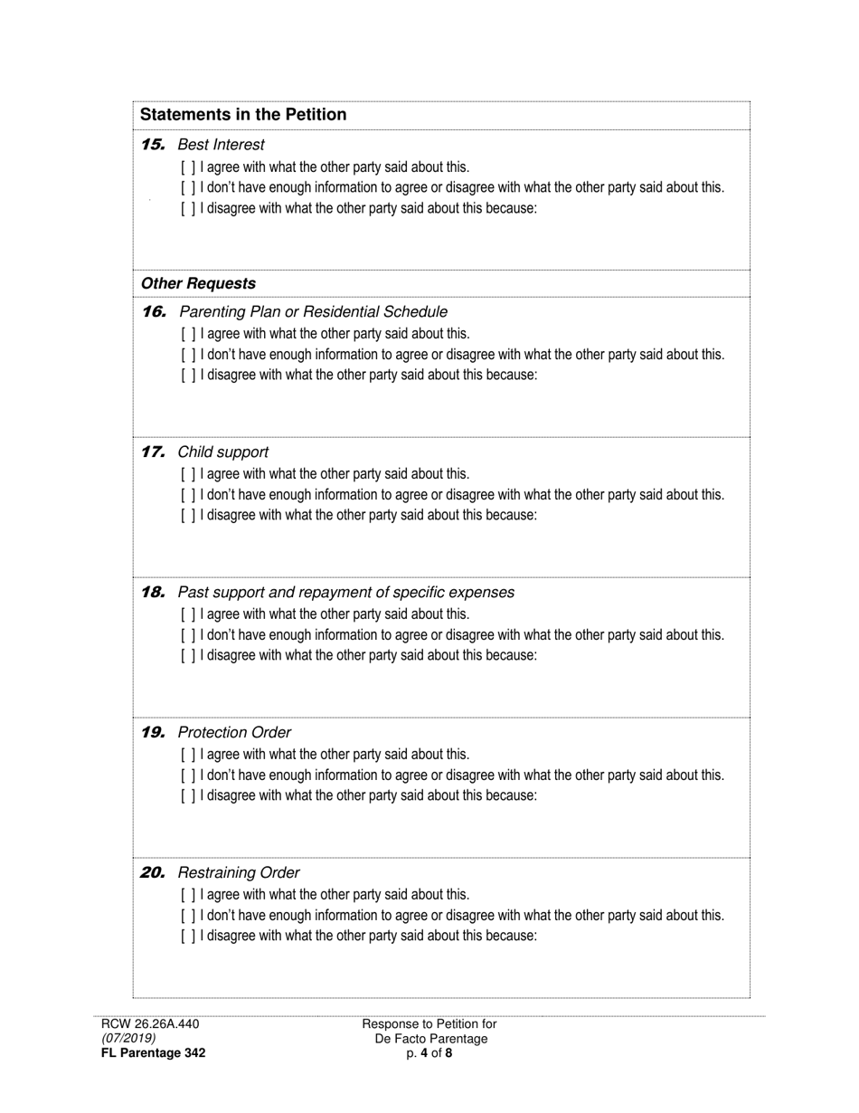 Form FL Parentage342 Response to Petition for Facto Parentage - Washington, Page 4
