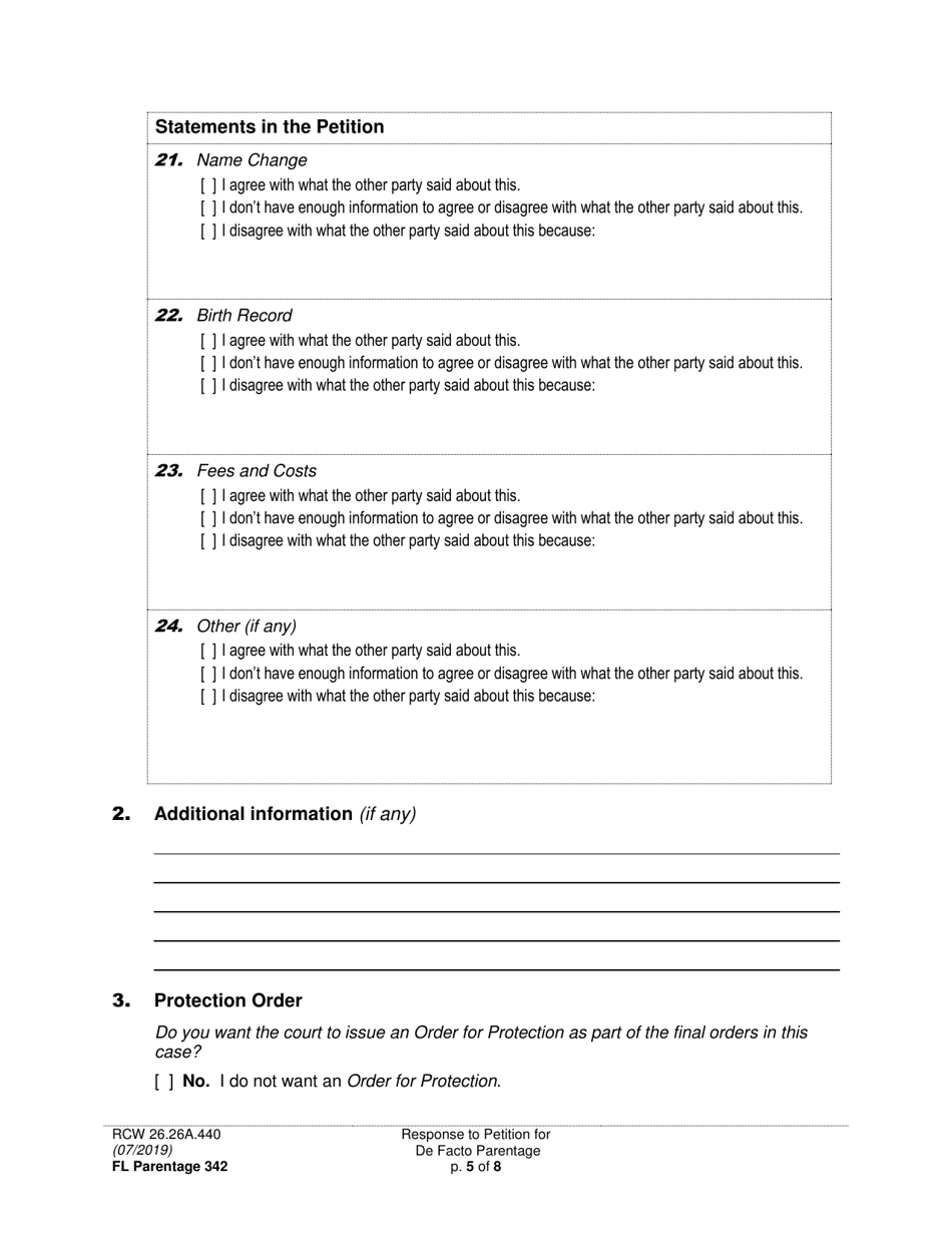 Form FL Parentage342 Response to Petition for Facto Parentage - Washington, Page 5