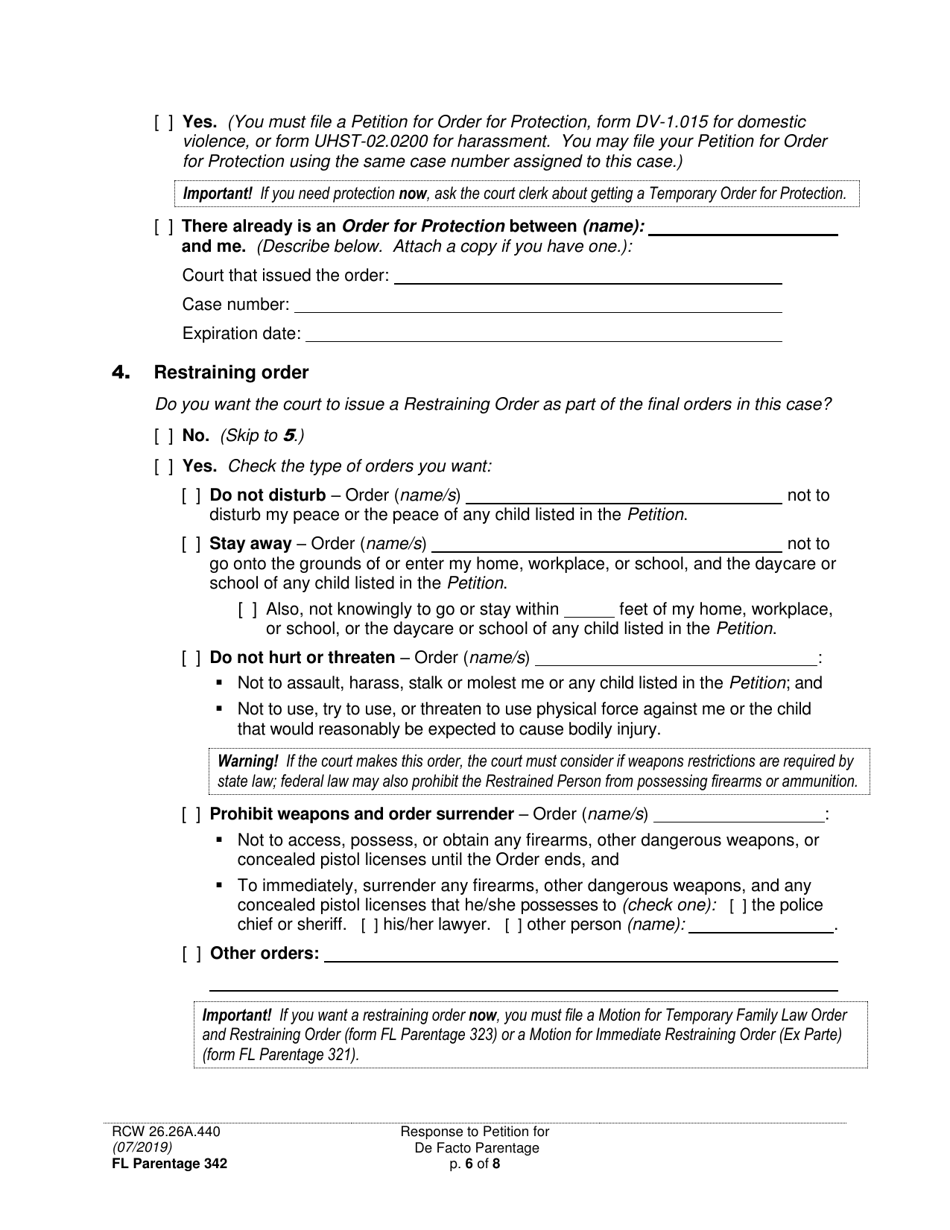 Form FL Parentage342 Response to Petition for Facto Parentage - Washington, Page 6