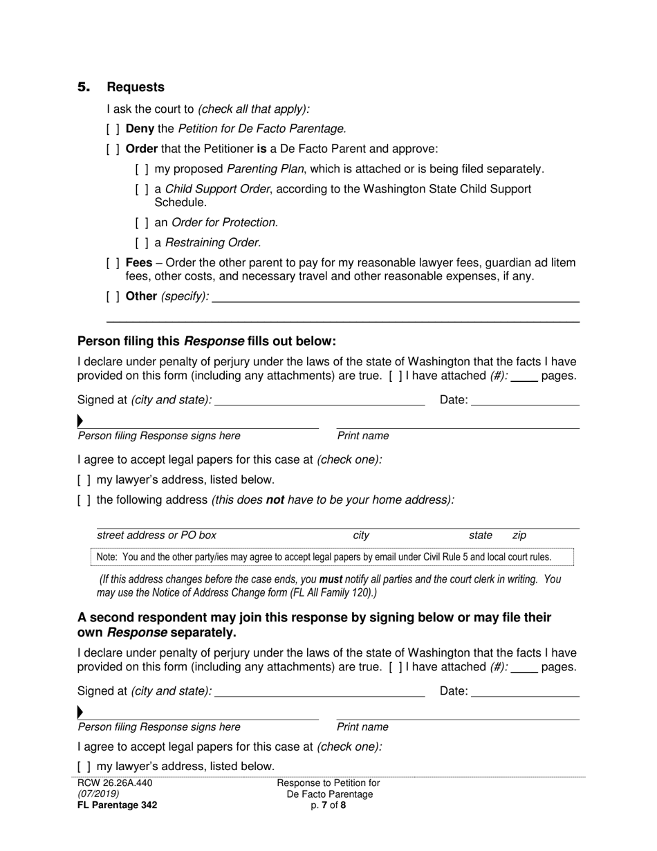 Form FL Parentage342 Response to Petition for Facto Parentage - Washington, Page 7