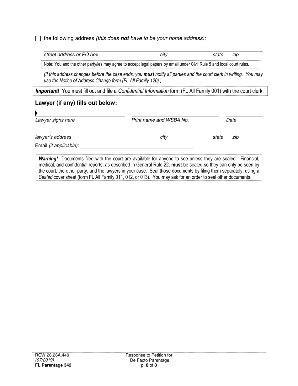 Form FL Parentage342 Response to Petition for Facto Parentage - Washington, Page 8