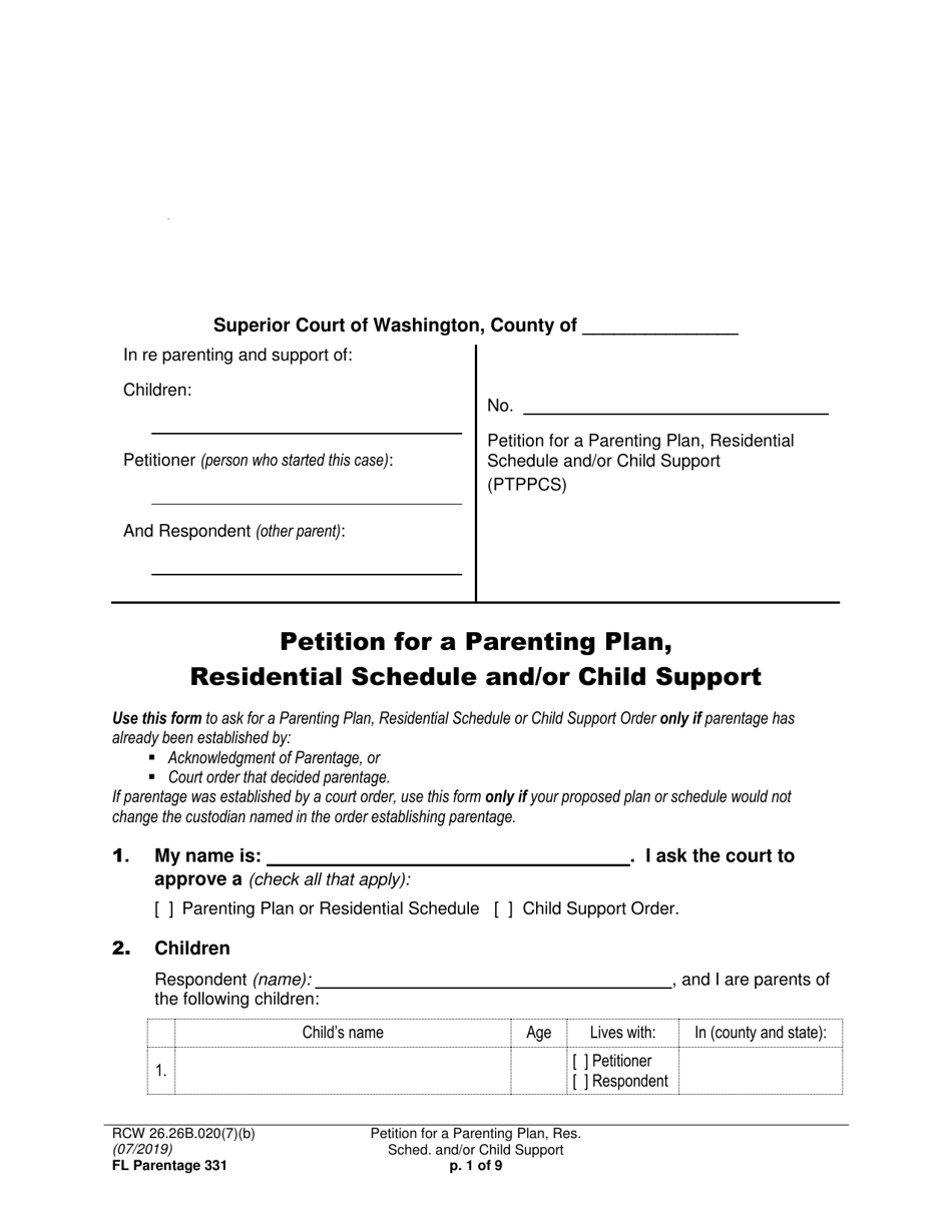 Form FL Parentage331 Petition for a Parenting Plan, Residential Schedule and / or Child Support - Washington, Page 1