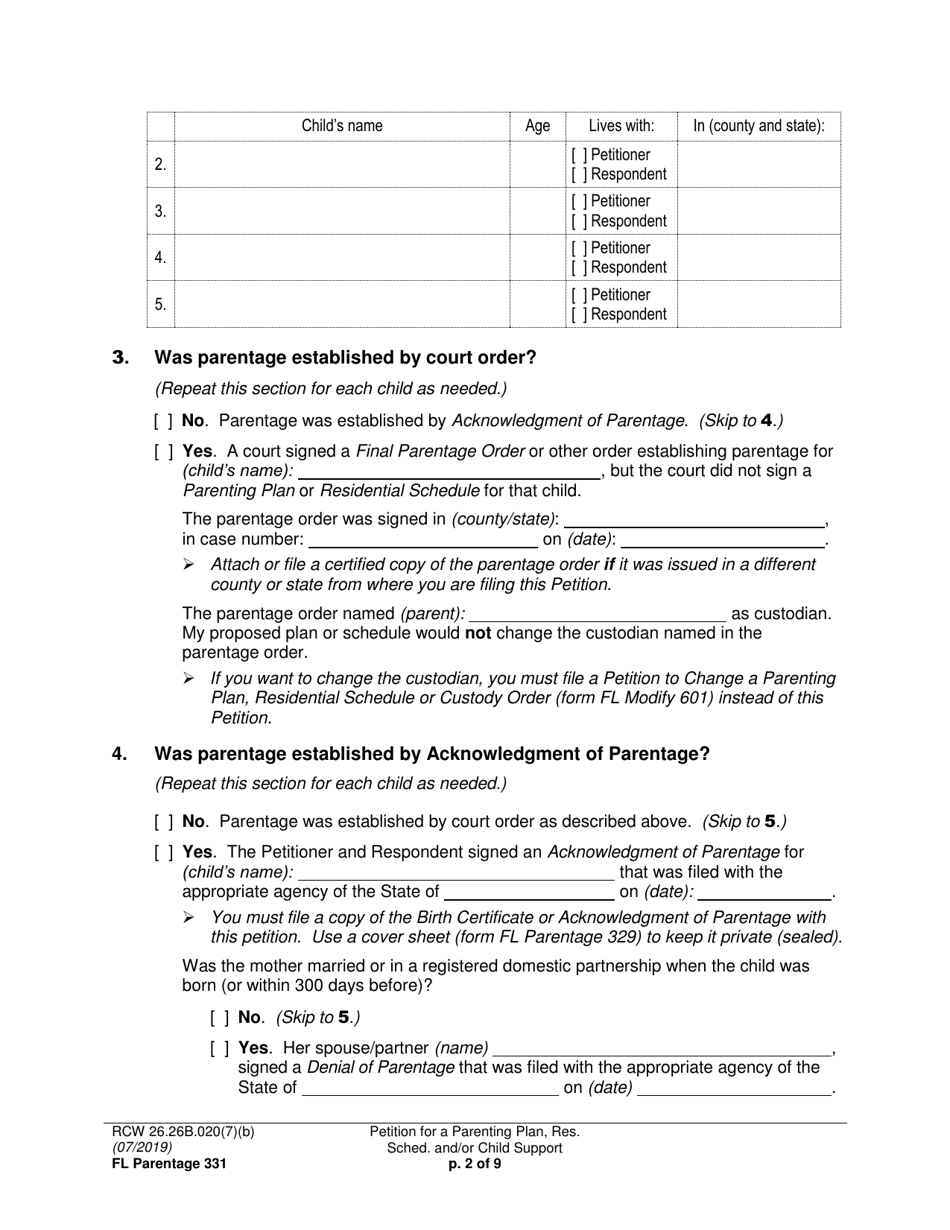 Form FL Parentage331 Petition for a Parenting Plan, Residential Schedule and / or Child Support - Washington, Page 2