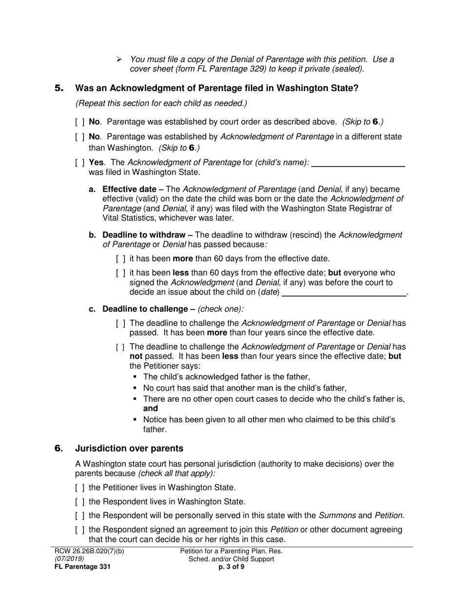 Form FL Parentage331 Petition for a Parenting Plan, Residential Schedule and / or Child Support - Washington, Page 3