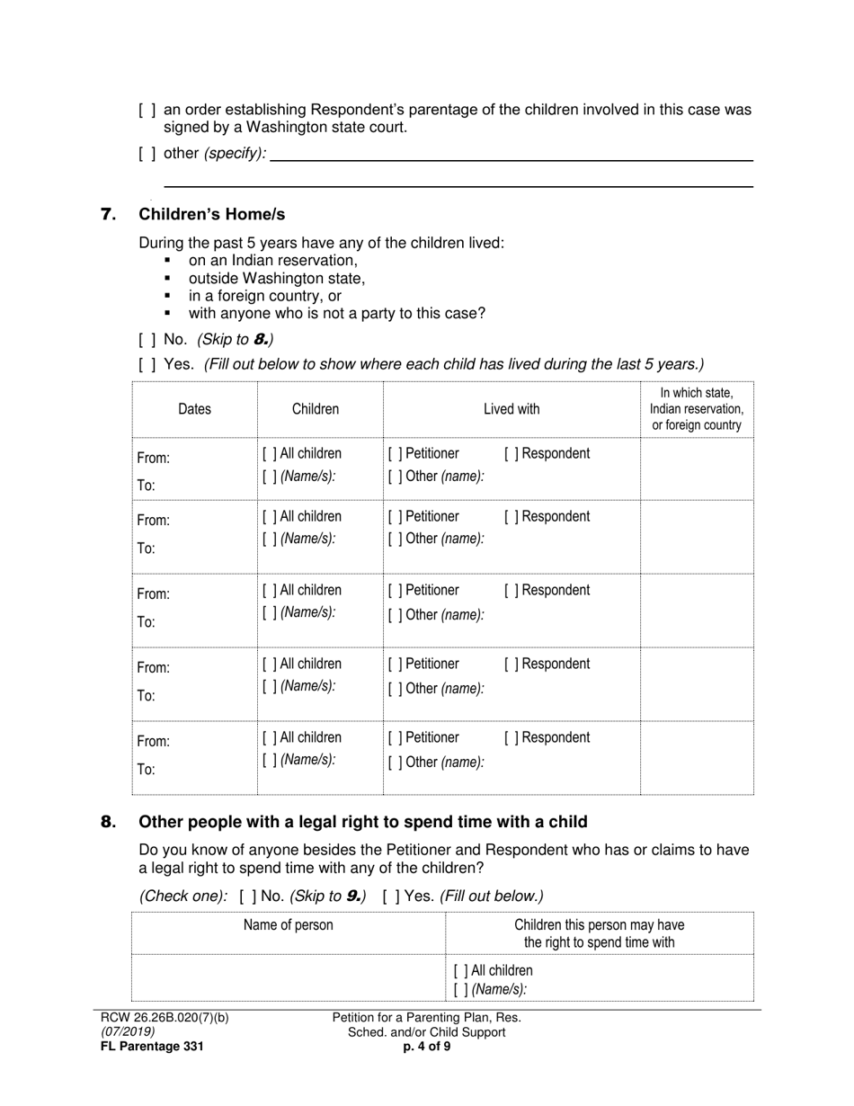 Form FL Parentage331 Petition for a Parenting Plan, Residential Schedule and / or Child Support - Washington, Page 4